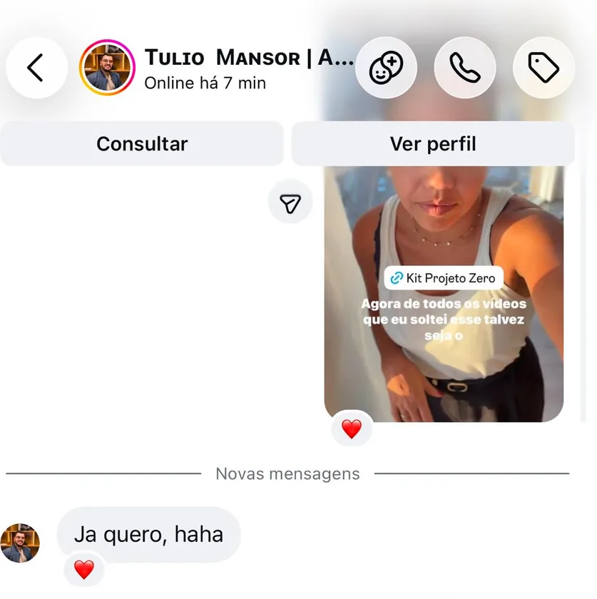 Mensagem no Instagram respondendo ao story do Kit Projeto Zero: “Já quero, haha”
