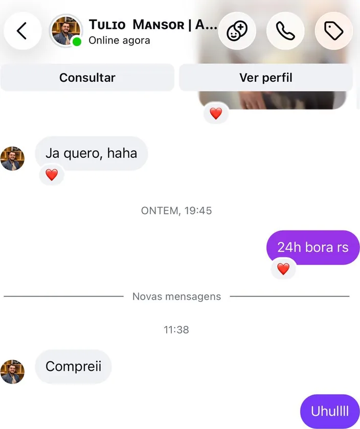 Conversa no Instagram: “Compreii” e a resposta “Uhullll”